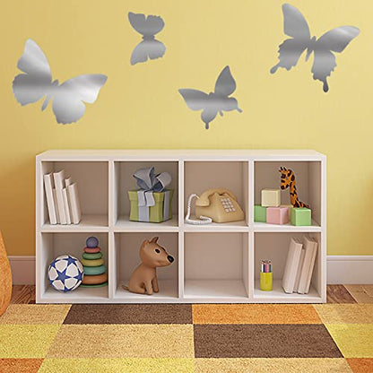 MAPPERZ Butterfly Mirror Wall Stickers, Removable Acrylic Mirror, Silver Self Adhesive Mural Stickers Decal for Home, Room, Living Room, Bedroom, Dining Room Decoration, Pack of 4 Butterflies