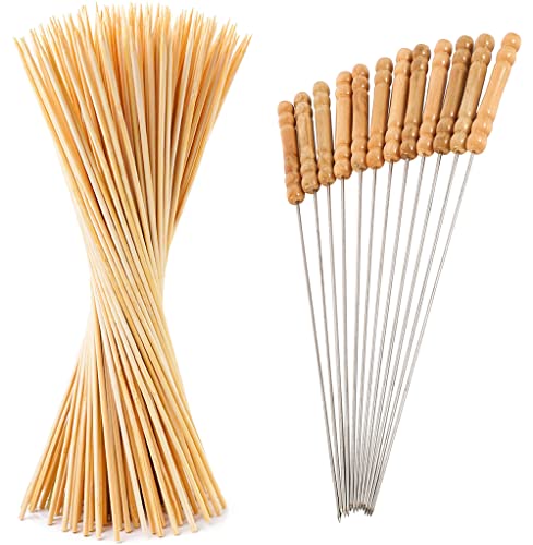 MAPPERZ 10 Inch 100 Bamboo Skewers for BBQ, Appetiser, Fruit, Cocktail, Kabob, Choco Fountain, Grilling, Roaster, Kitchen, Corn, Burger, Sausage, with 12 Stainless Steel BBQ Barbecue Skewers