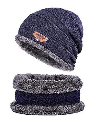 MAPPERZ Winter Stylish Woollen Knit Beanie Hat Neck Warmer Scarf Muffler Slouchy Snow Knit Skull Fleece Lined Cap with Fur Inside, Mittens Set for Unisex (Dark Blue 1 Cap)