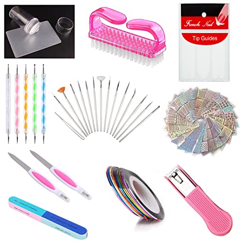 MAPPERZ 15 Nail Art Brush, 5 Dotting Pen, 10 Nail Tape, 24 Sheets of Nail Sticker, 1 Silicon Nail Stamp, 10 Sheets Of Tip Guide, 1 Nail Cutter, 1 Nail Buffer, 1 Nail Cleaning Brush, 2 Nail Filer