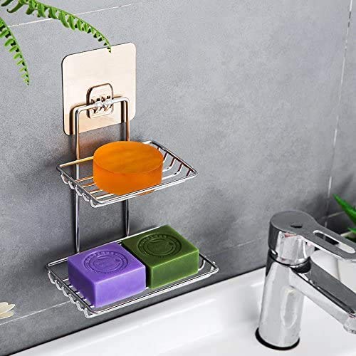 MAPPERZ Stainless Steel Wall Mounted Double Layer soap Dish Holder Stainless Steel Wall Hanging Soap Storage Rack for Kitchen Bathroom-with Self Adhesive Magic Sticker(Silver)
