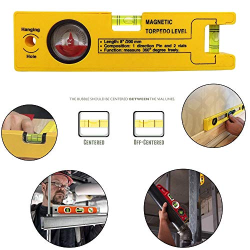 MAPPERZ Magnetic Torpedo Level Set with 1 Direction Pin, 2 Vials and 360 Degree View 8-Inch, Yellow Color, 20.5 CM, Pack Of 1
