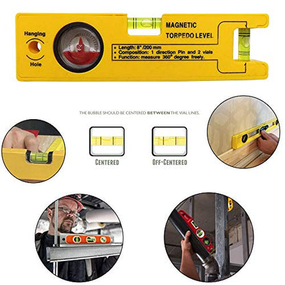 MAPPERZ Magnetic Torpedo Level Set with 1 Direction Pin, 2 Vials and 360 Degree View 8-Inch, Yellow Color, 20.5 CM, Pack Of 1