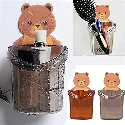 MAPPERZ Teddy Bear Wall Mounted Toothbrush Holder Case Multipurpose Plastic Cup with Strong Adhesive Cute Stickers for Bathroom Kitchen Wash Basin (BrownColor)