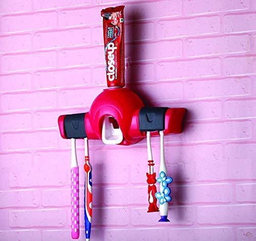MAPPERZ Multicolor Magic Plus Hands-Free Plastic Automatic Toothpaste Squeezer Dispenser with Detachable and 4 Toothbrush Holder for Home Bathroom