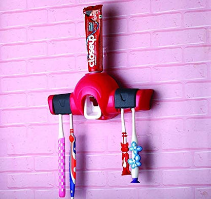 MAPPERZ Multicolor Magic Plus Hands-Free Plastic Automatic Toothpaste Squeezer Dispenser with Detachable and 4 Toothbrush Holder for Home Bathroom