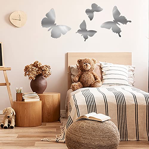 MAPPERZ Butterfly Mirror Wall Stickers, Removable Acrylic Mirror, Silver Self Adhesive Mural Stickers Decal for Home, Room, Living Room, Bedroom, Dining Room Decoration, Pack of 4 Butterflies