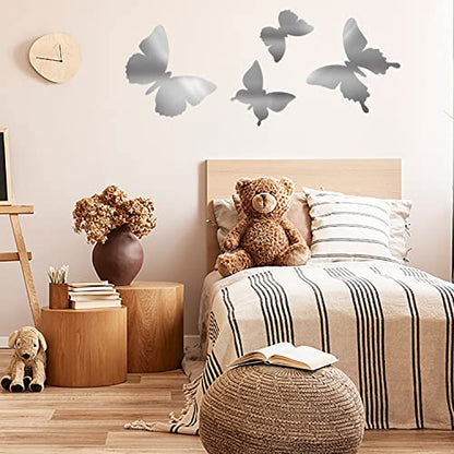 MAPPERZ Butterfly Mirror Wall Stickers, Removable Acrylic Mirror, Silver Self Adhesive Mural Stickers Decal for Home, Room, Living Room, Bedroom, Dining Room Decoration, Pack of 4 Butterflies
