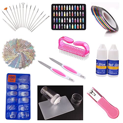 MAPPERZ 48 Nail Glitter, 100 Trsaansparent Nails, 2 Nail Filer, 2 Small Size Glue, 10 Nail Tape, 15 Nail Brush, 1 Nail Cutter, 1 Nail Cleaning Brush, 1 Nail Stamp Wth Scraper, 24 Sheets Nail Sticker