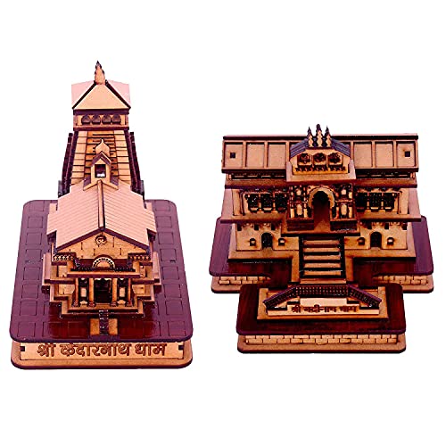 MAPPERZ Kedarnath & Badrinath Wooden Souvenir Temple Decorative Showpiece MDF Pine Wood Beautiful WorkTemple (Beige, Set of 2)