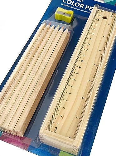 MAPPERZ Wooden Pencil Set Box with 12 Different Crayon Vibrant Ruler Colour Pencils with Soft Core 2 Scales with Centimeters and Inches 1 Sharpener for Architect Artist Kids Designer Case