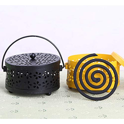 MAPPERZ Mosquito Coil Holder Steel Mosquito Coil Box with Handle Metal Hollow Out Mosquito Coil Holder Fireproof Incense Round Shape Coil Incense Burner (Random)