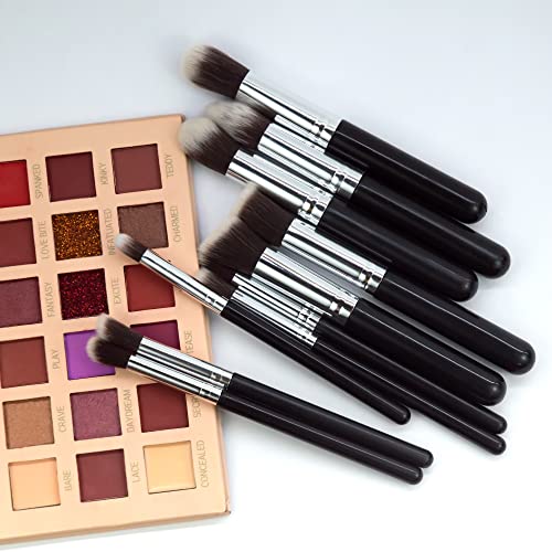 MAPPERZ Foundation Powder Blush Concealer Contour Brushes, Perfect For Liquid, Cream or Mineral Products, Premium Synthetic Bristles For Eye and Face Cosmetic, Black Color, Pack of 10