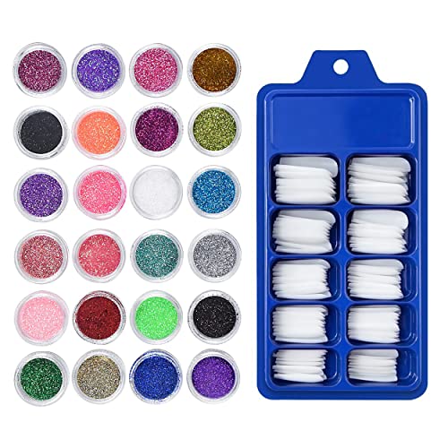 MAPPERZ 24 Jars Fine Glitter Set, 100 Fake False White Nails Artificial Fingernail Acrylic Tips, 24 Color Art and Craft Glitter, Eyeshadow, Nail Art Pigment Glitter, Combo Of 24 Glitter & 100 Pc Nails