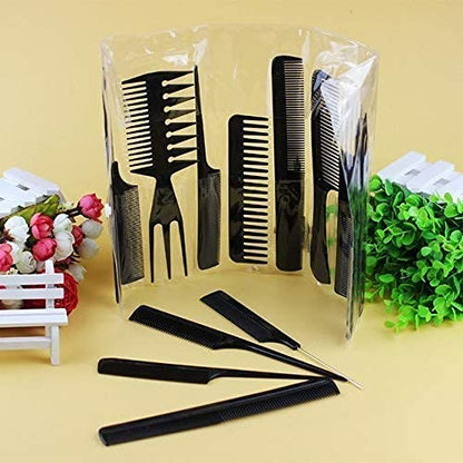 MAPPERZ Multipurpose Professional Hair Comb Set/ Kangi Set Hair brush for Hair Cutting and Styling - Pack of 10 (Black)