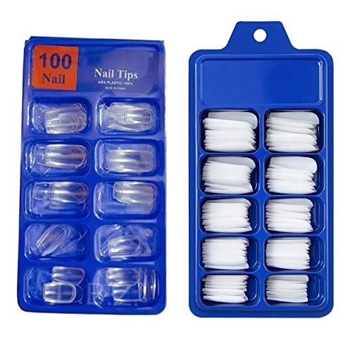 MAPPERZ Glossy Fake Nails, Shimmer White Square French Acrylic Full Cover False Nails for Women and Girls, 100 Transparent Nails, 100 Solid pre-colored White Nails, Pack Of 200 Artificial Nails