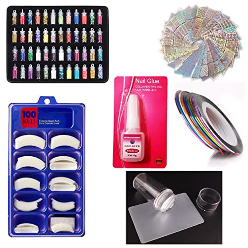 MAPPERZ 100 White Acrylic Nails, 48 Jars Fine Color Nail Art Glitter, 1 Big Nail Glue, 10 Rolls Self Adhesive Nail Tape Line, 24 (144 Design) Sheets Nail Art Stickers, 1 nail stamp with 1 scraper