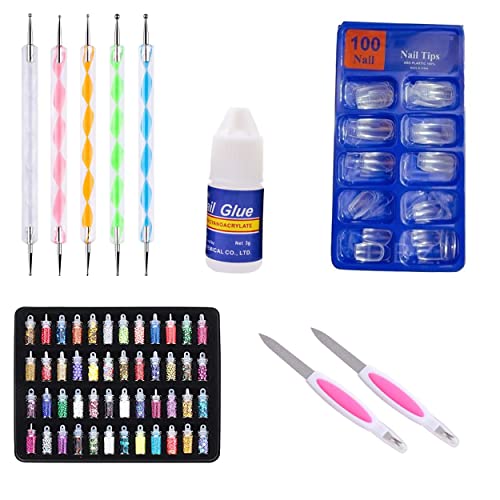 MAPPERZ 100 Transparent Square Shaped Acrylic Nail Tips, 48 Jars Fine Color Glitter Nail Art Glitter Set, 1 Nail Small Glue, 2 Nail Filer With Cuticle Remover, 5 pc 2 Way Dotting Pen Tool Nail Art