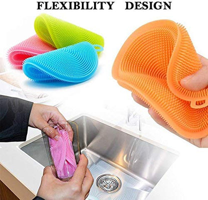MAPPERZ Silicone Dish Cleaning Brush Sponge/ Double-Sided Cleaning Brush/ Multipurpose Silicone Dish Washing Tool for Kitchen - Multicolor (Pack of 2)
