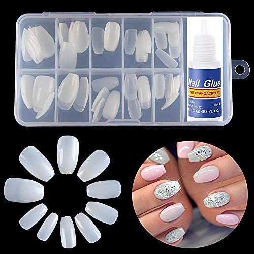 MAPPERZ Reusable Artificial Nails ( Squoval), Set of Natural 100Pcs Fake Nails (10 Sizes) with False Nails Glue (3gm)