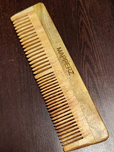 MAPPERZ Organic Pure Neem Wood Comb Men and Women Anti-Bacterial Dandruff Remover & Hair Styling Comb Non-Static and Eco-Friendly - Brown