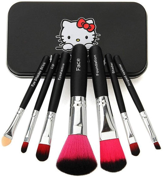 MAPPERZ Makeup Brush Set with Hello Kitti Print Storage Box/Anti Microbial Foam Makeup Brush - Pink and Black (Set of 7)