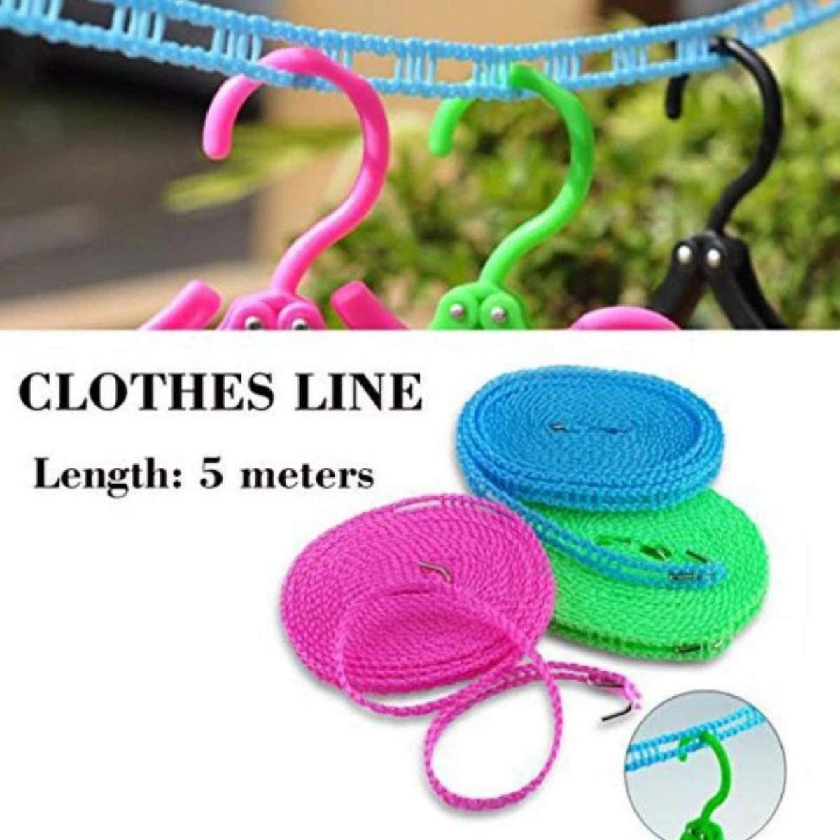 MAPPERZ Windproof Anti-Slip Clothes Washing Line Drying Nylon Rope with Hooks/Nylon Clothesline Rope - 5 Meter (Multicolor