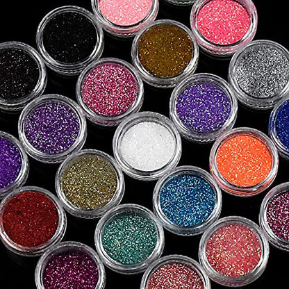 MAPPERZ 24 Jars Fine Glitter Set, 100 Fake False White Nails Artificial Fingernail Acrylic Tips, 24 Color Art and Craft Glitter, Eyeshadow, Nail Art Pigment Glitter, Combo Of 24 Glitter & 100 Pc Nails