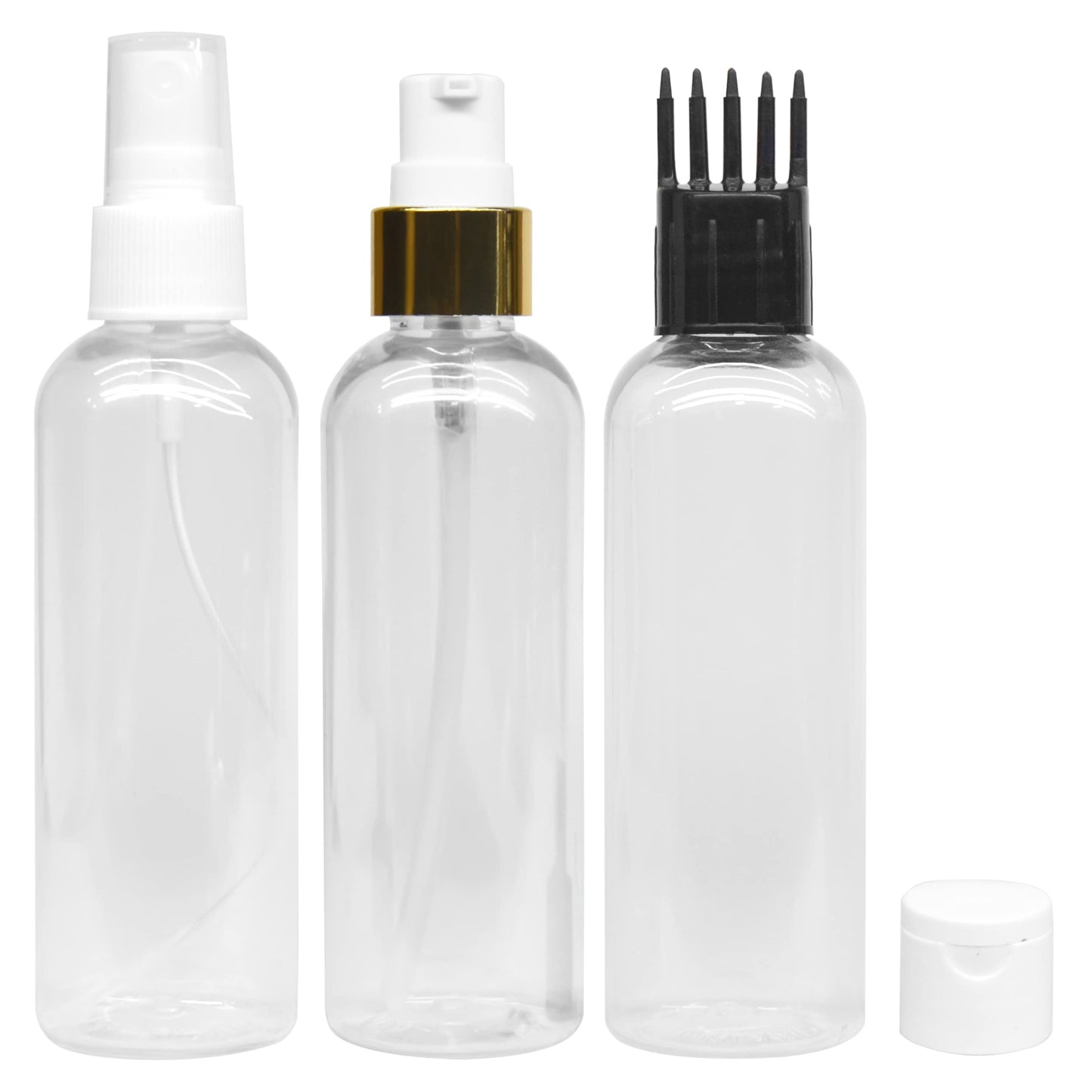 MAPPERZ 3 Cylindrical Shape Bottle Durable Refillable Containers With 1 Pump Bottles Dispenser, 1 Spray Atomizer, 1 Root Comb Applicator And Filp Top Cap, For Perfume, Liquids, Shampoo, Body Soap