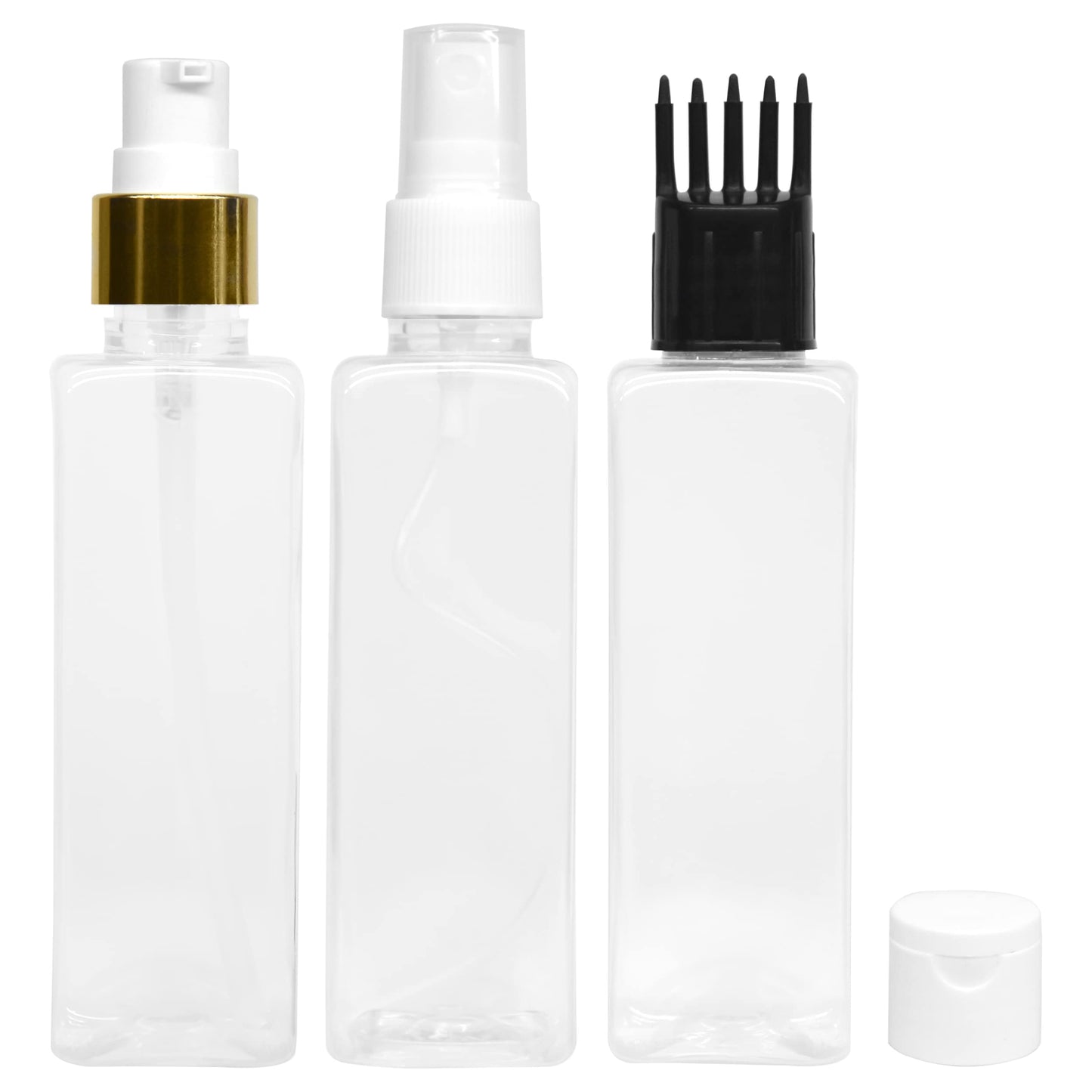 MAPPERZ 3 Rectangular Shape Bottle Durable Refillable Containers With 1 Pump Bottles Dispenser, 1 Spray Atomizer, 1 Root Comb Applicator And Filp Top Cap, For Perfume, Liquids, Shampoo, Body Soap