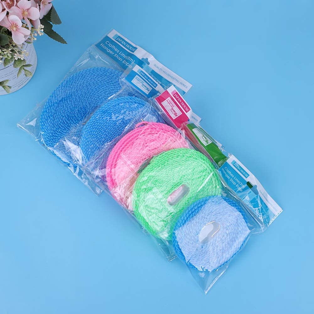 MAPPERZ Windproof Anti-Slip Clothes Washing Line Drying Nylon Rope with Hooks/Nylon Clothesline Rope - 5 Meter (Multicolor