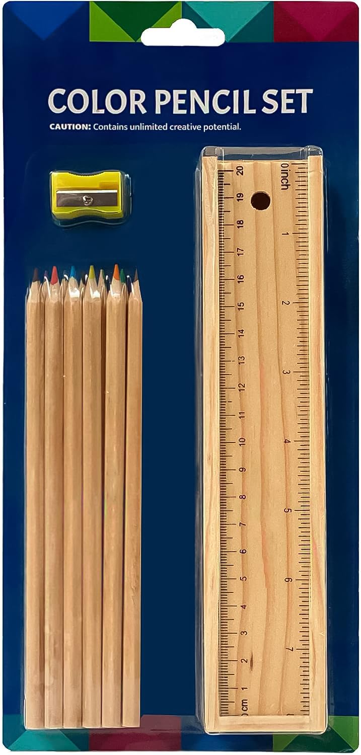 MAPPERZ Wooden Pencil Set | Box with 12 Different Crayon Colour Pencils | Scale (Ruler) and Wooden Sharpener Pencil Box for Architect | Artist | Kids | Designer Case