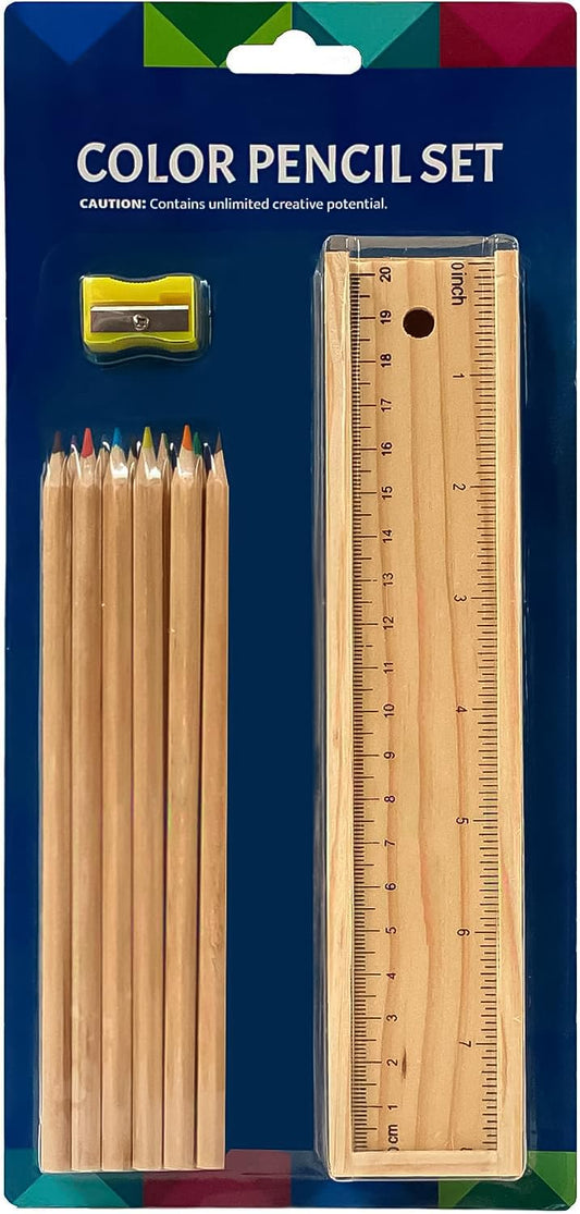 MAPPERZ Wooden Pencil Set | Box with 12 Different Crayon Colour Pencils | Scale (Ruler) and Wooden Sharpener Pencil Box for Architect | Artist | Kids | Designer Case