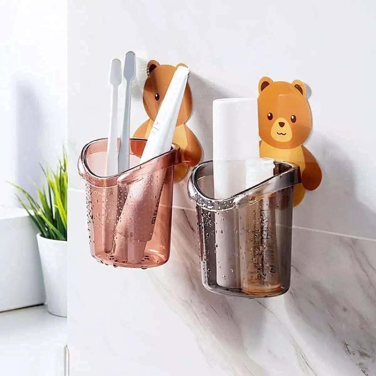 MAPPERZ Teddy Bear Wall Mounted Toothbrush Holder Case Multipurpose Plastic Cup with Strong Adhesive Cute Stickers for Bathroom Kitchen Wash Basin (BrownColor)