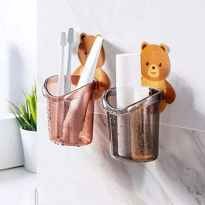 MAPPERZ Teddy Bear Wall Mounted Toothbrush Holder Case Multipurpose Plastic Cup with Strong Adhesive Cute Stickers for Bathroom Kitchen Wash Basin (BrownColor)