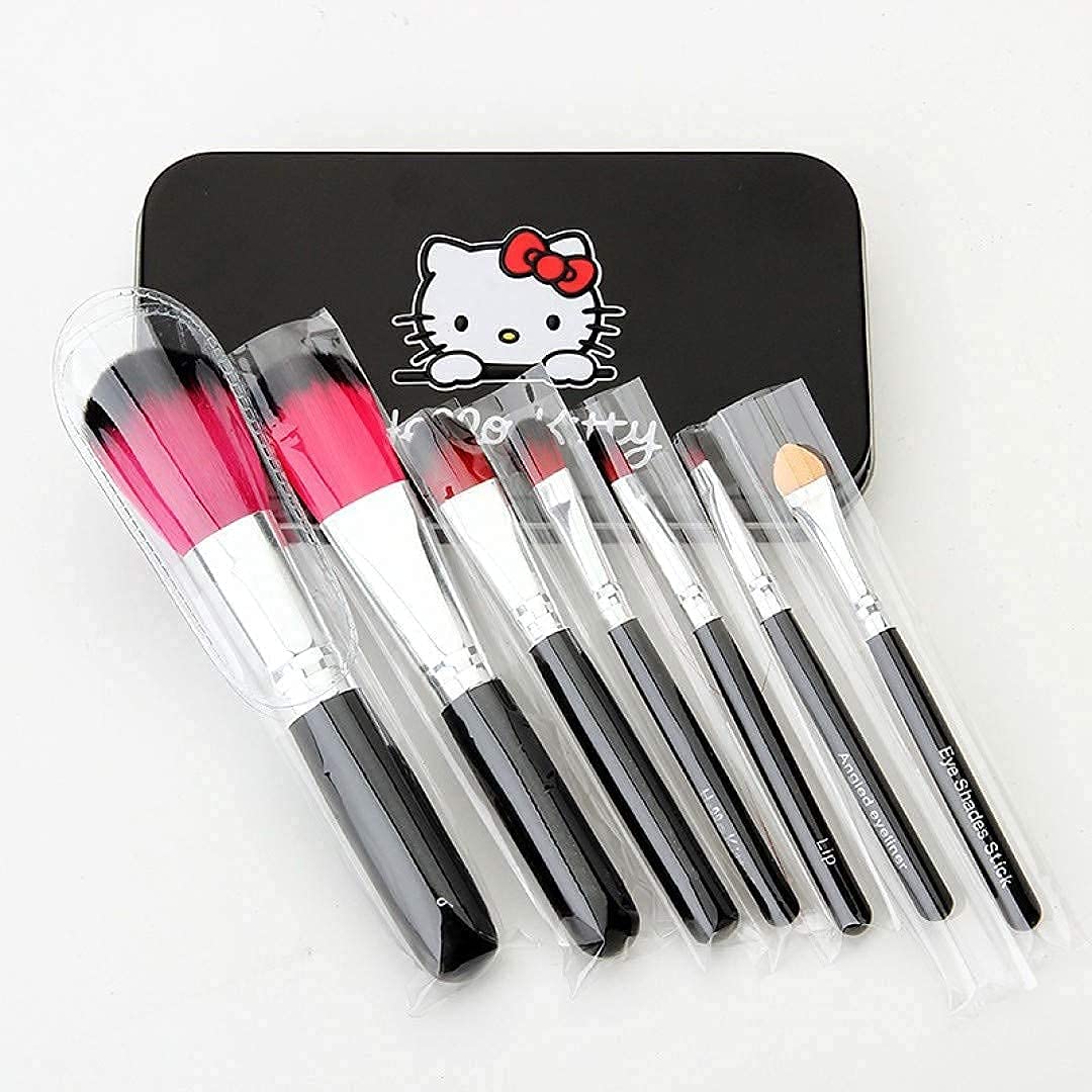 MAPPERZ Makeup Brush Set with Hello Kitti Print Storage Box/Anti Microbial Foam Makeup Brush - Pink and Black (Set of 7)