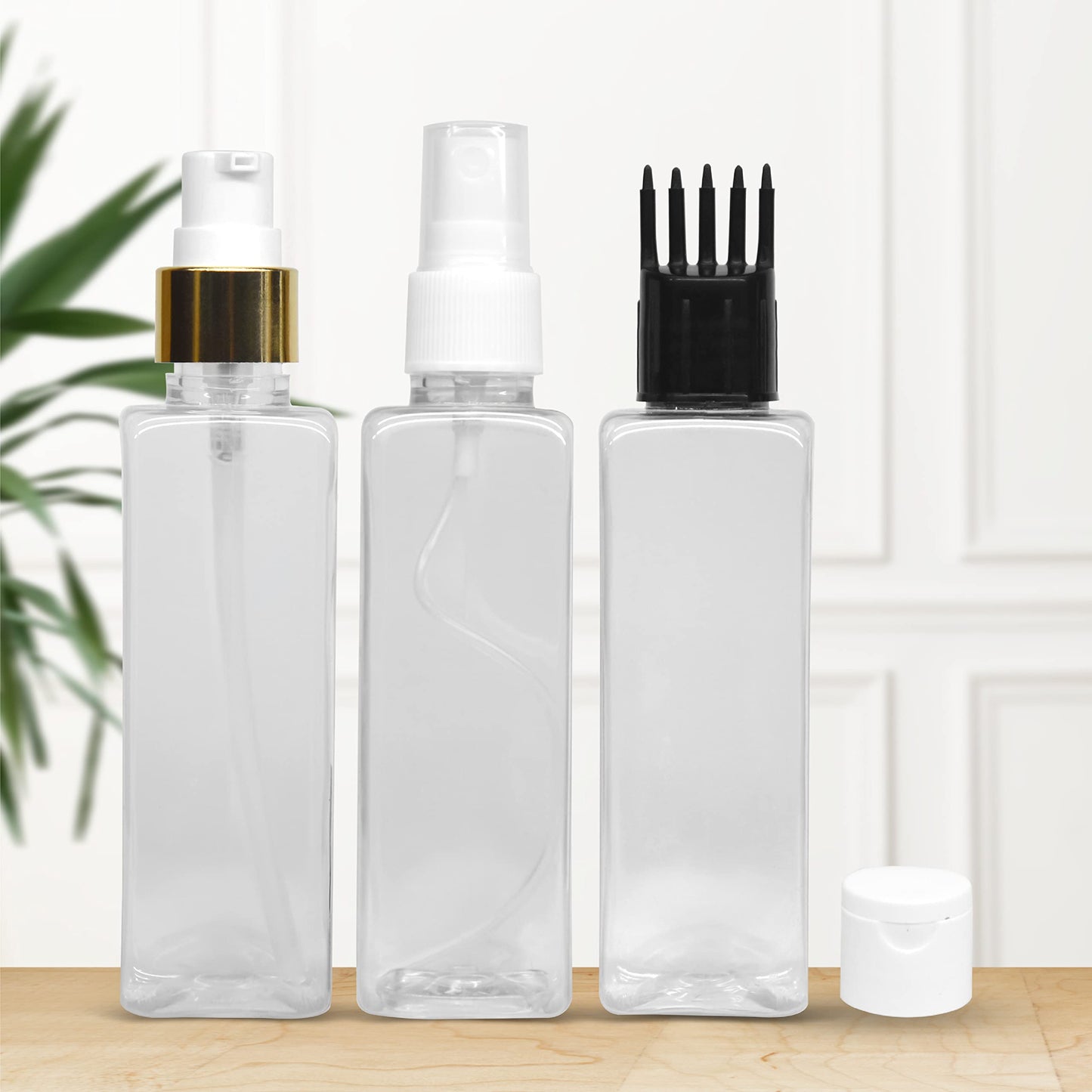 MAPPERZ 3 Rectangular Shape Bottle Durable Refillable Containers With 1 Pump Bottles Dispenser, 1 Spray Atomizer, 1 Root Comb Applicator And Filp Top Cap, For Perfume, Liquids, Shampoo, Body Soap