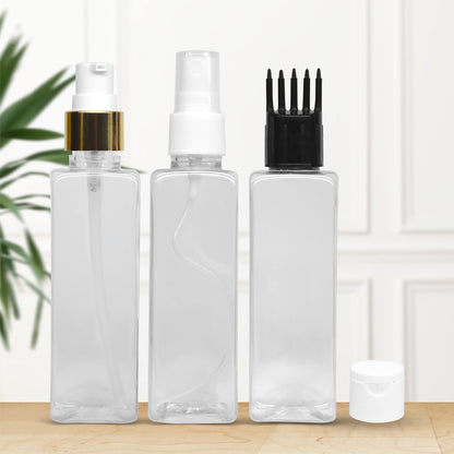 MAPPERZ 3 Rectangular Shape Bottle Durable Refillable Containers With 1 Pump Bottles Dispenser, 1 Spray Atomizer, 1 Root Comb Applicator And Filp Top Cap, For Perfume, Liquids, Shampoo, Body Soap