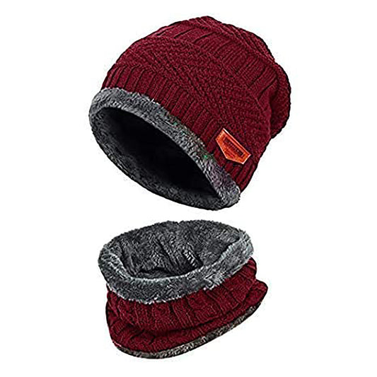 MAPPERZ Winter Stylish Woollen Knit Beanie Hat Neck Warmer Scarf Muffler Slouchy Snow Knit Skull Fleece Lined Cap with Fur Inside, Mittens Set for Unisex (Dark Red 1 Cap)