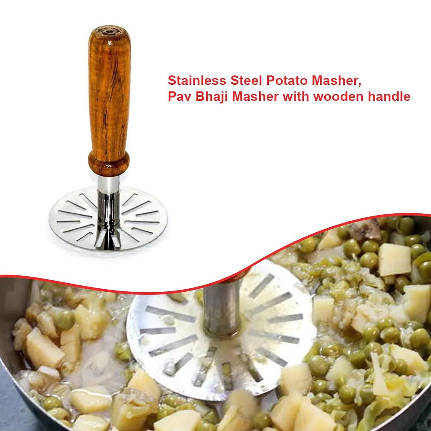 MAPPERZ High Grade Stainless Steel Wooden Handle Masher for Boiled Potato, Vegetable, Pav Bhaji, Stuffed paratha, Masala dosa etc, Heavy Duty Metal Mashing Utensil, Portable Kitchen Tool, Pack of 1