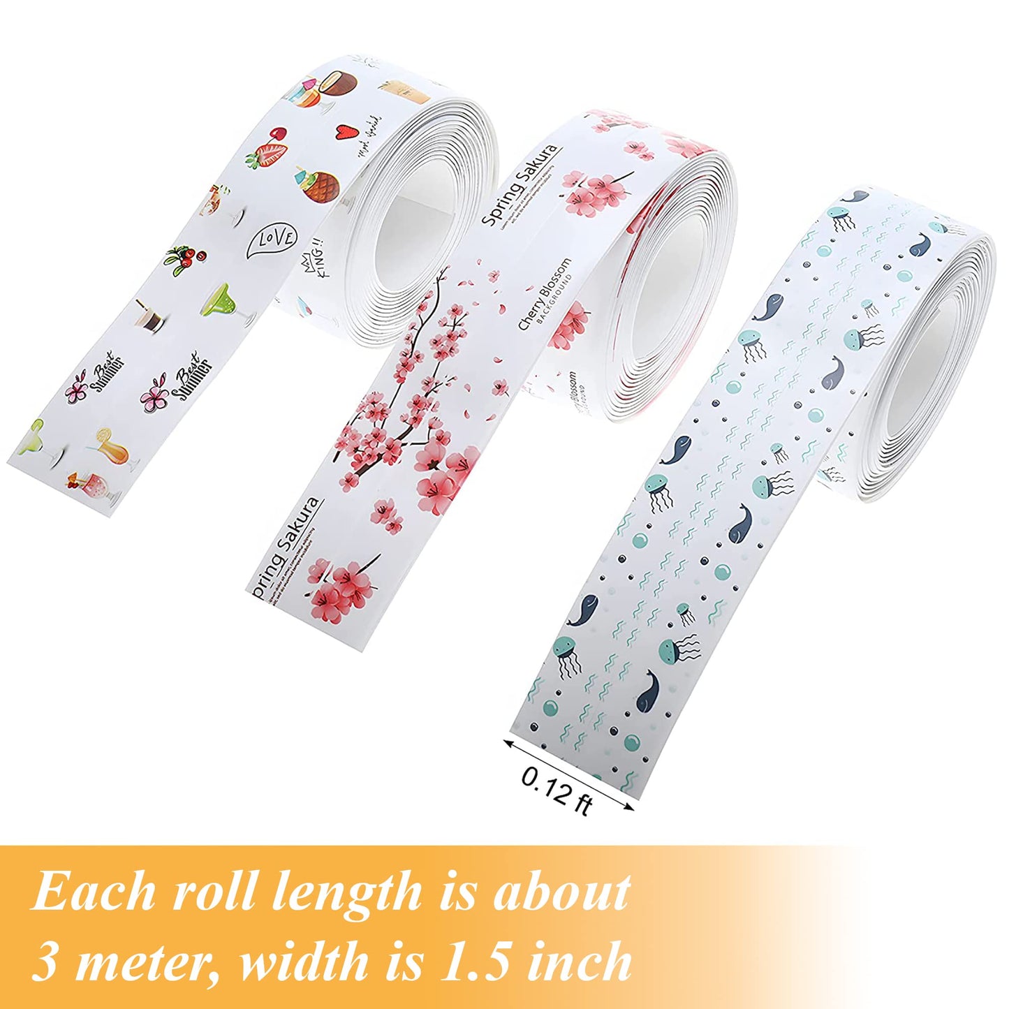 MAPPERZ Self Adhesive Caulk Strip, Caulking Sealant Tape for Kitchen, Countertop, Bathroom, Sink, Bathtub & Floor Wall Edge Protector, Create a Tight Seal to Keep Moisture Out, Random Design, 3 Meter
