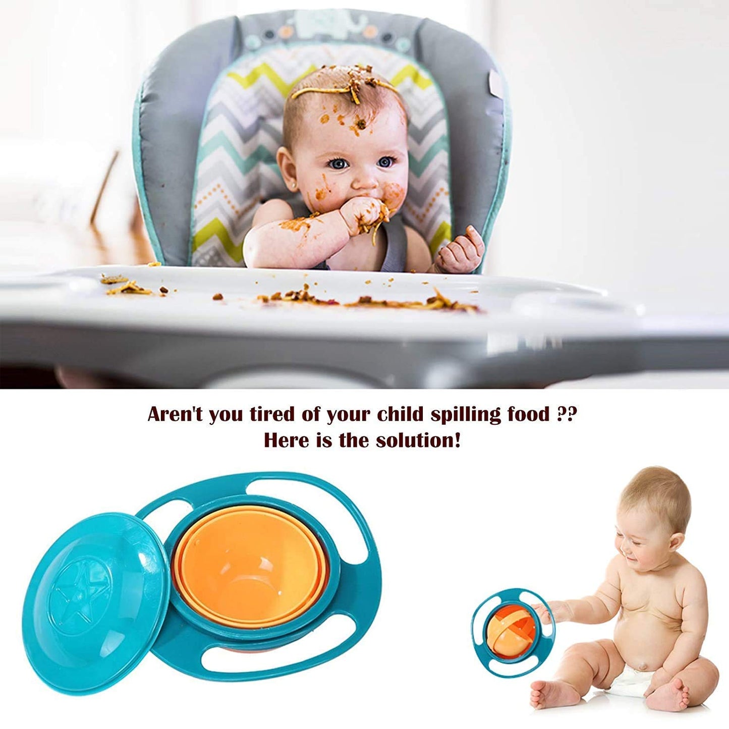 MAPPERZ No Spill Gyro Bowl for Baby and Kids/ 360 Degree Rotation Spill Proof Food Bowl - Multicolor
