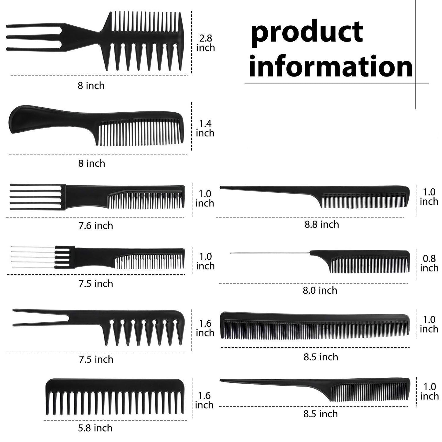 MAPPERZ Multipurpose Professional Hair Comb Set/ Kangi Set Hair brush for Hair Cutting and Styling - Pack of 10 (Black)