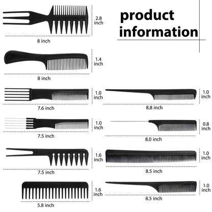 MAPPERZ Multipurpose Professional Hair Comb Set/ Kangi Set Hair brush for Hair Cutting and Styling - Pack of 10 (Black)