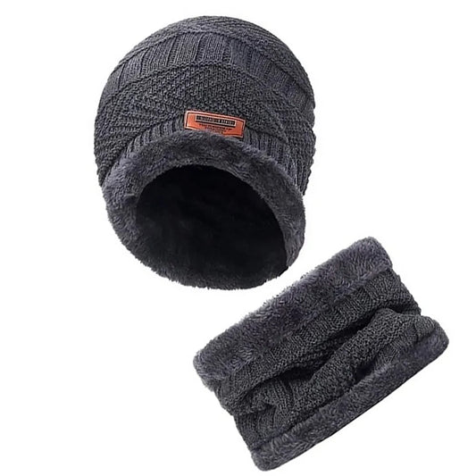 MAPPERZ Winter Stylish Woollen Knit Beanie Hat Neck Warmer Scarf Muffler Slouchy Snow Knit Skull Fleece Lined Cap with Fur Inside, Mittens Set for Unisex (Dark Grey 1 Cap)