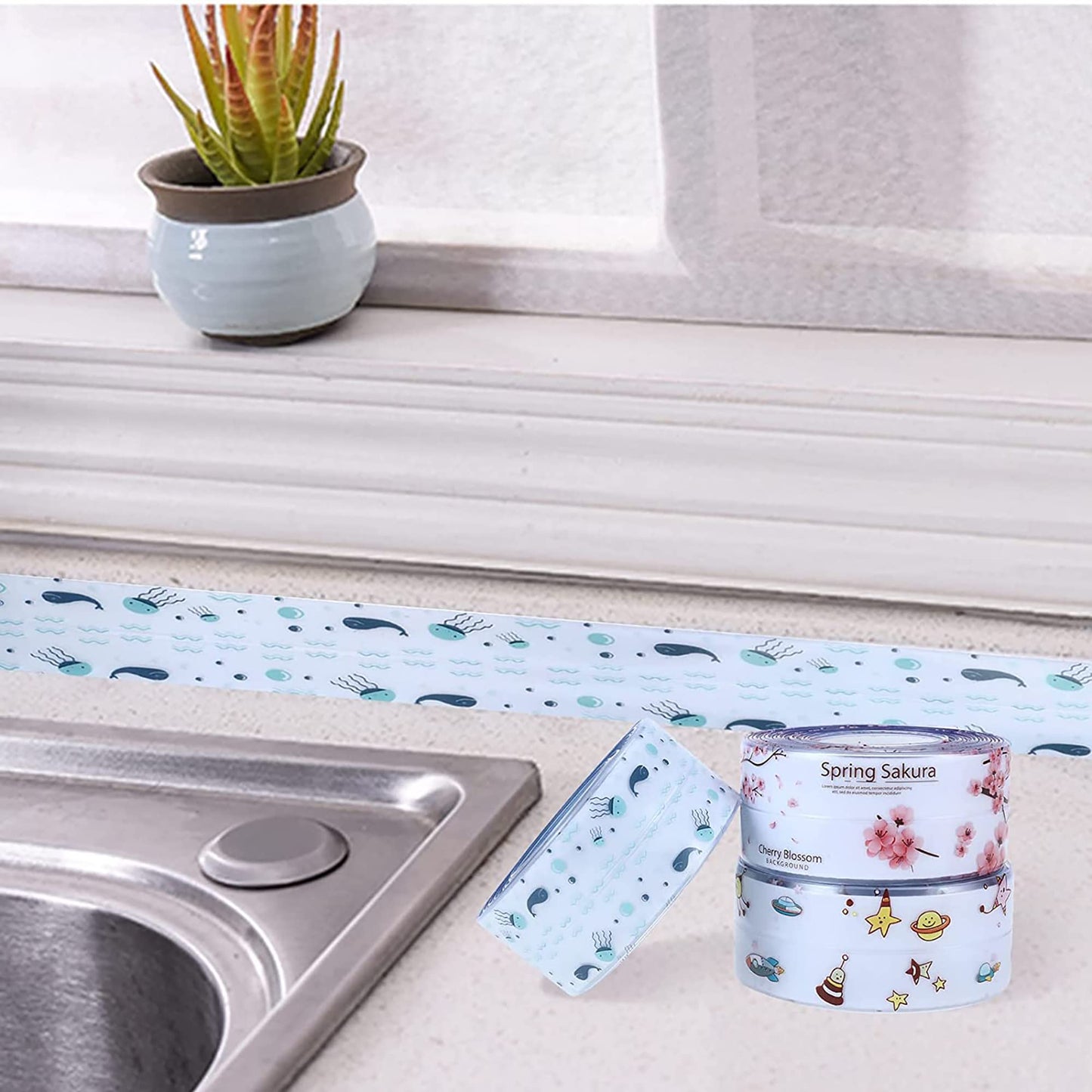 MAPPERZ Self Adhesive Caulk Strip, Caulking Sealant Tape for Kitchen, Countertop, Bathroom, Sink, Bathtub & Floor Wall Edge Protector, Create a Tight Seal to Keep Moisture Out, Random Design, 3 Meter