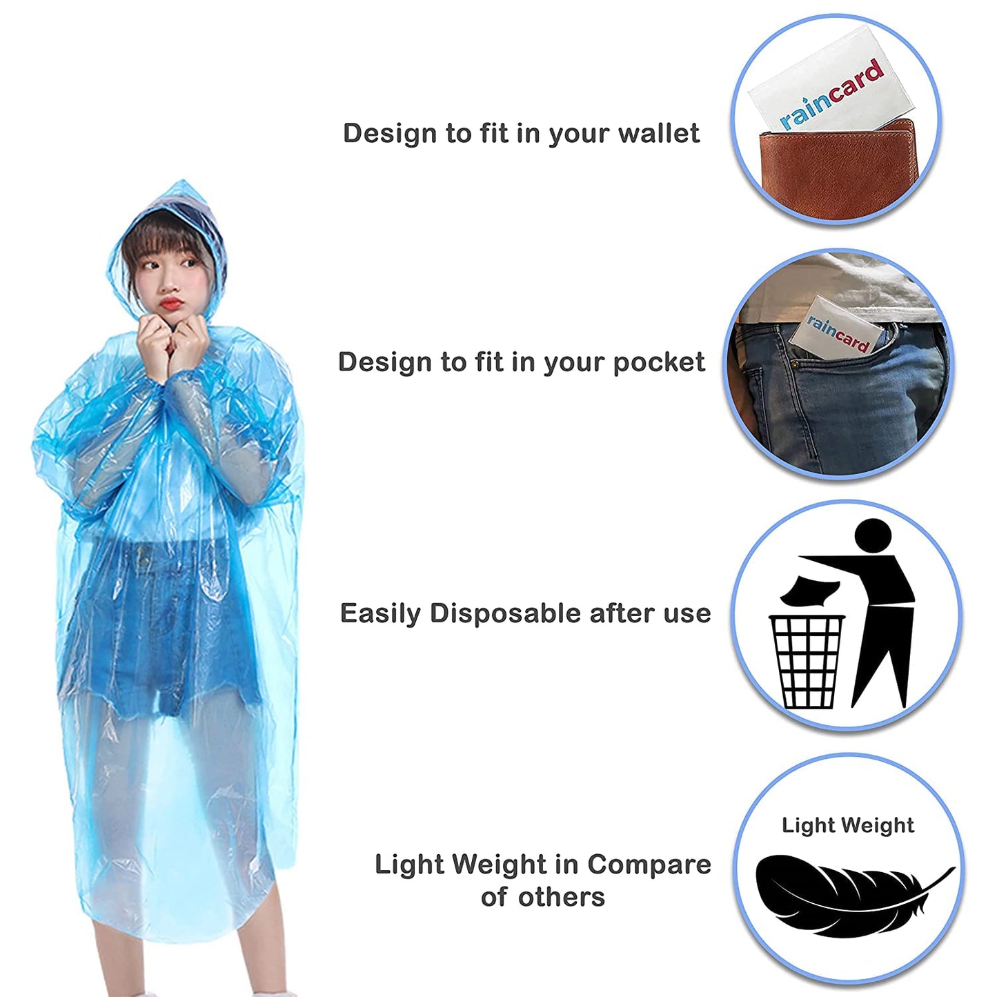 MAPPERZ Unisex Polyester Rain Card/Single Layer Disposable Rain Card for Men Women - BlueWaterproof Raincoat