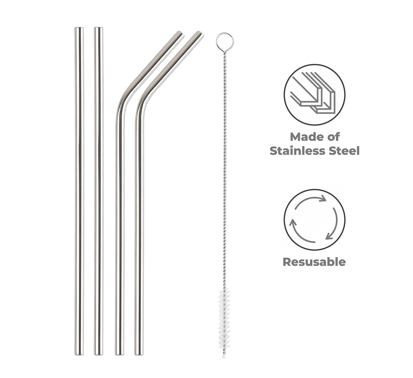 Mapperz Stainless Steel Straws for Drinking with Brushes / Reusable Stainless Steel Straw with Cleaning Brush- Long Metal Straws For Drinking, Set Of 5 (2- Bend Pipe , 2- Long Straw, 1-cleaning Brush), Silver