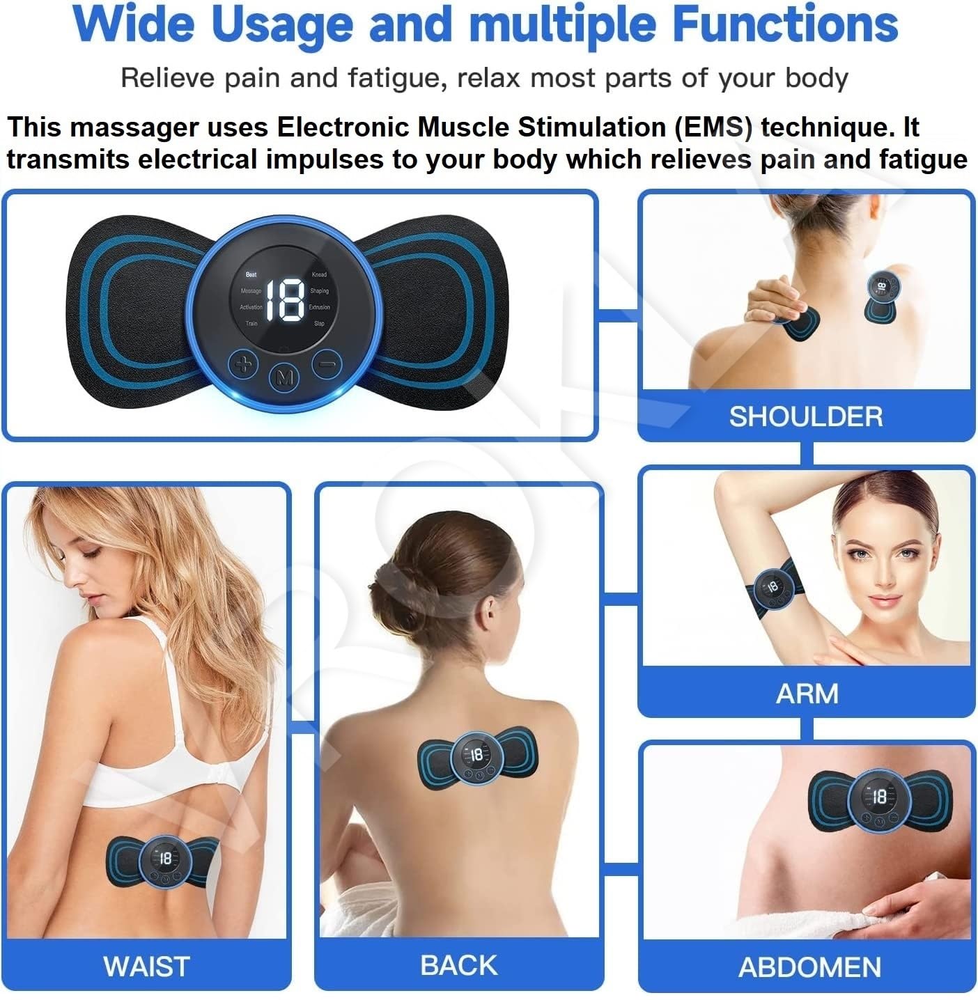 MAPPERZ Mini Body Massager Machine for Pain Relief Butterfly Massager for Back Pain, Wireless EMS Massager Vibration Stick, Rechargeable Neck Massager With 8 Modes & 19 Strength Levels (Black)