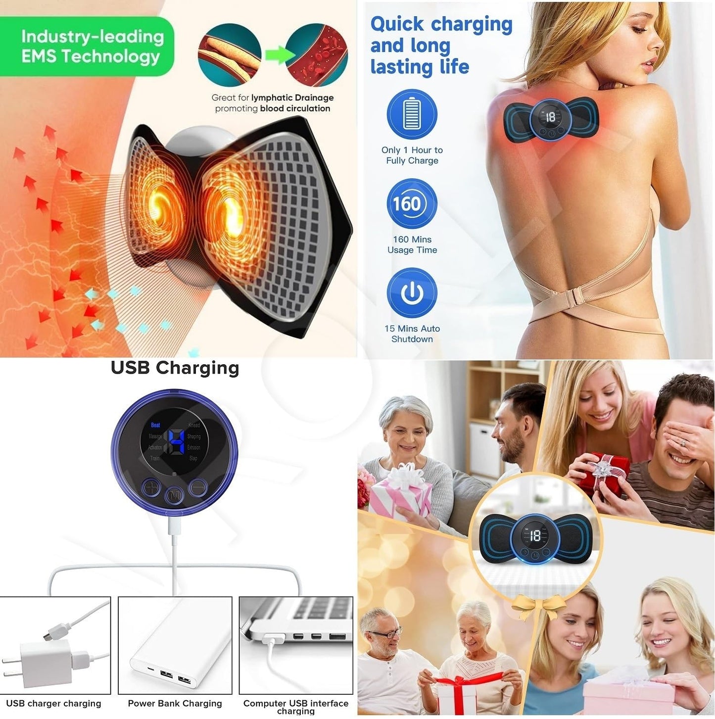 MAPPERZ Mini Body Massager Machine for Pain Relief Butterfly Massager for Back Pain, Wireless EMS Massager Vibration Stick, Rechargeable Neck Massager With 8 Modes & 19 Strength Levels (Black)